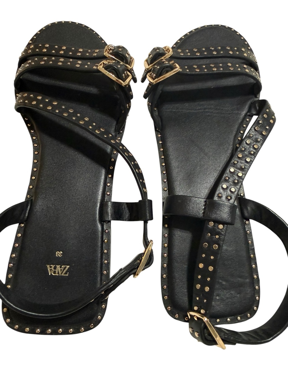 ZARA Black Studded Flat Sandals with Gold Buckles
